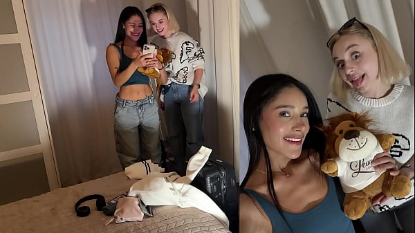 Two hot beautiful horny girls try to make a big cock guy cum with a dice challenge double handjob game